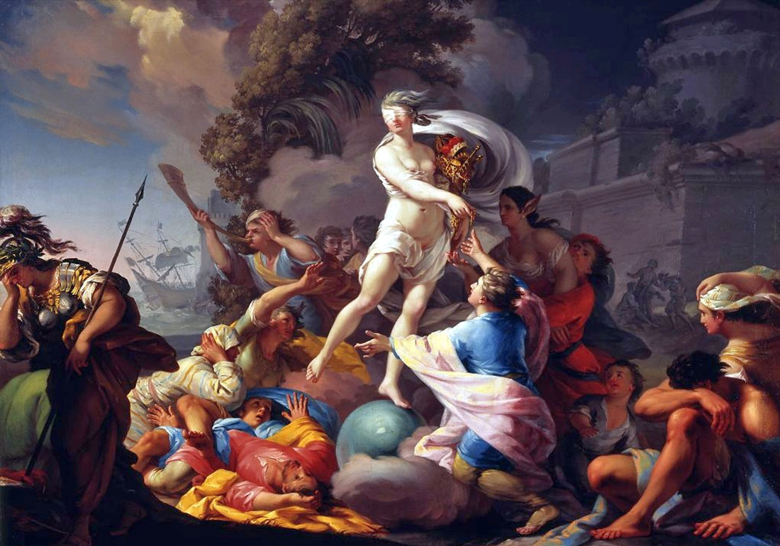 tableau représentant la déesse Tyché distribuant au hazard des pièces d'or et la richesse autour d'elle à la population arvimedia guy degoutte